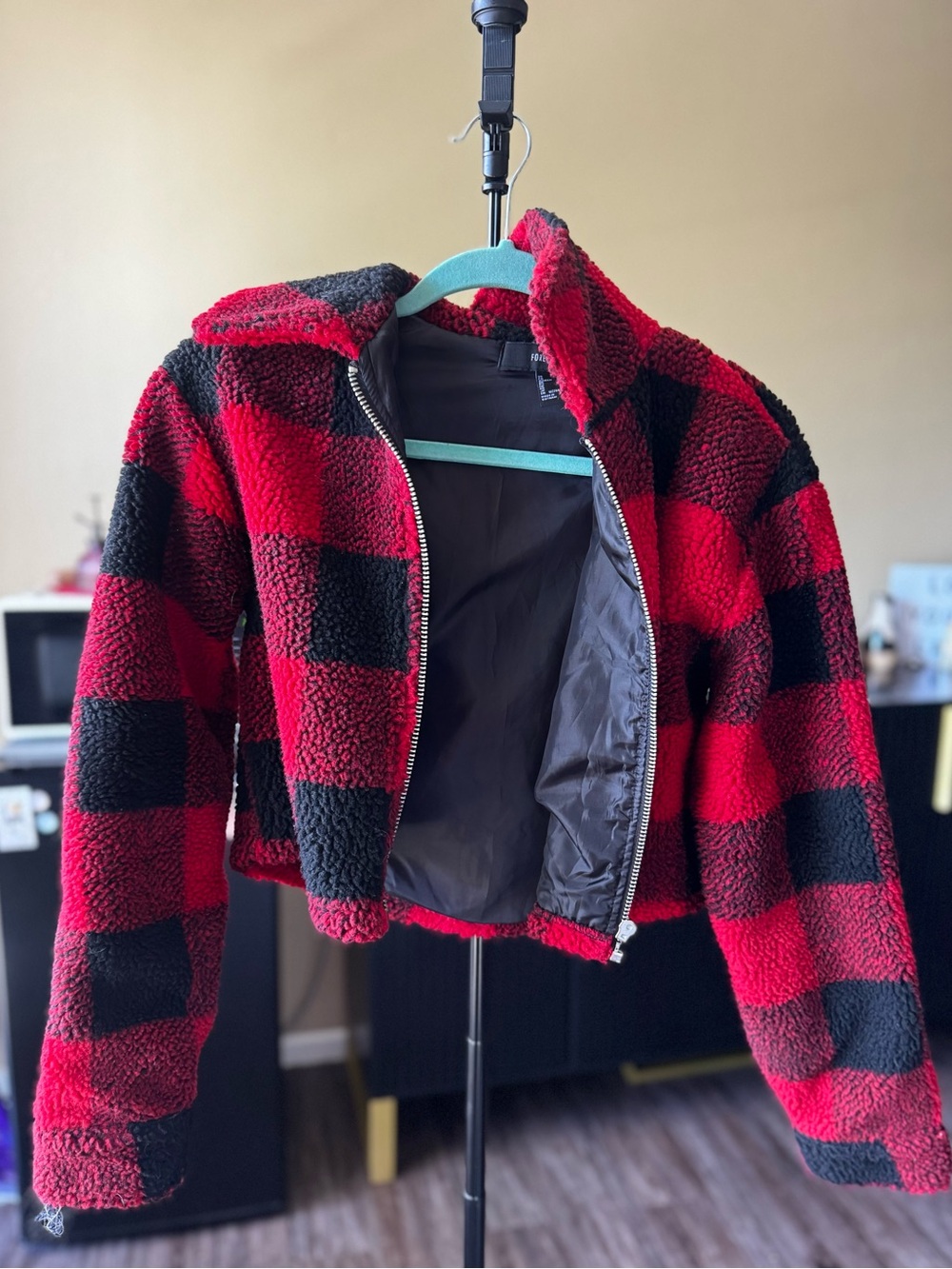 Forever 21 Red & Black Checkered Sherpa Jacket